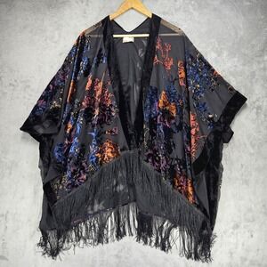 Ky Soreco Boho Black Floral Burnout Velvet Fringed Kimono Duster O/S One Size